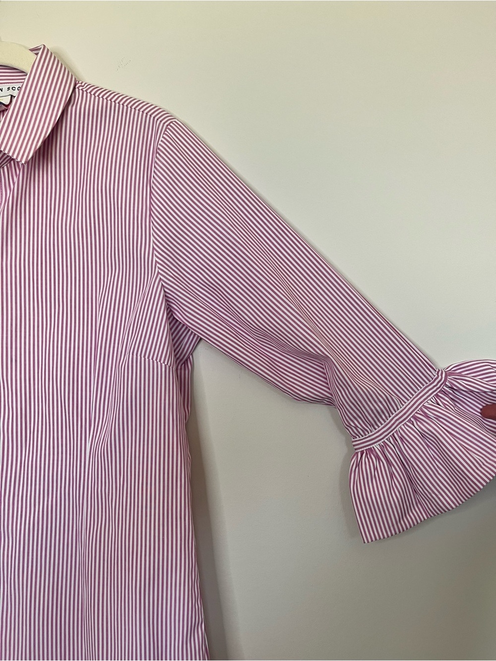 Gretchen Scott Pink White Stripe Ruffle Cuff Button Up Blouse S Preppy Coastal - Picture 4 of 8